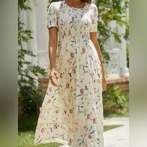 Sunset Rose Smocking Scoop Neck Floral Maxi Dress